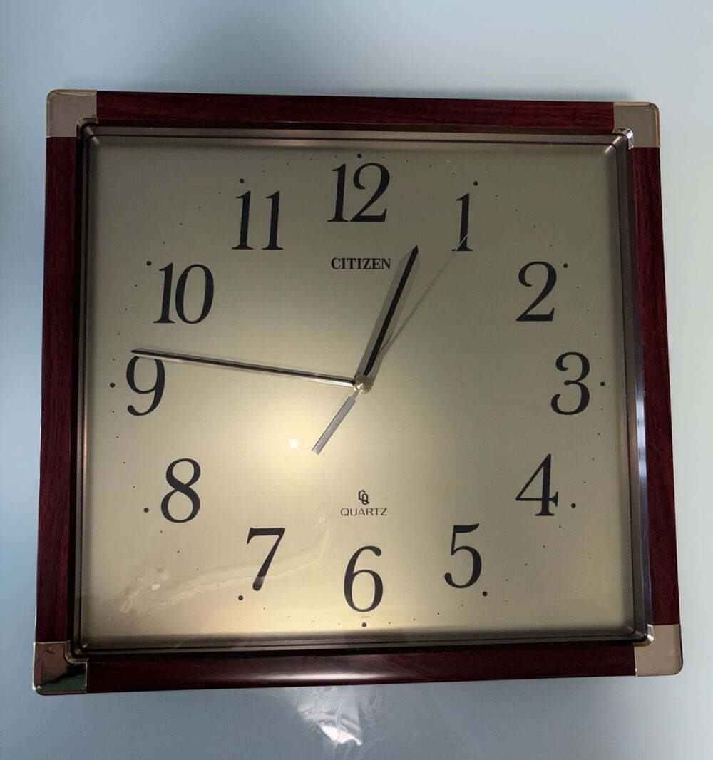 Citizen Quartz Square Analog Wall Clock with Wood-Tone Border